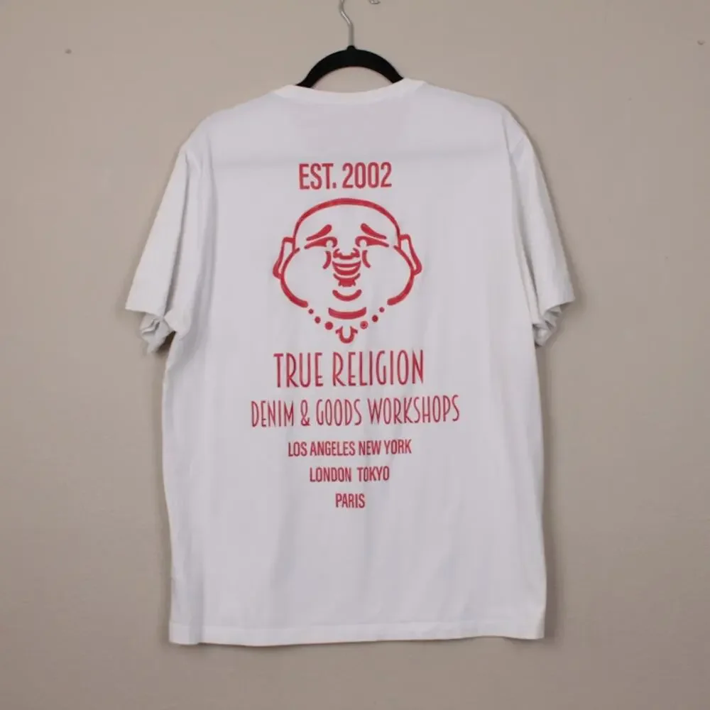 TRUE RELIGION | Mens White Red Buddha Logo Graphic T-Shirt Raised Paint Y2K 2XL